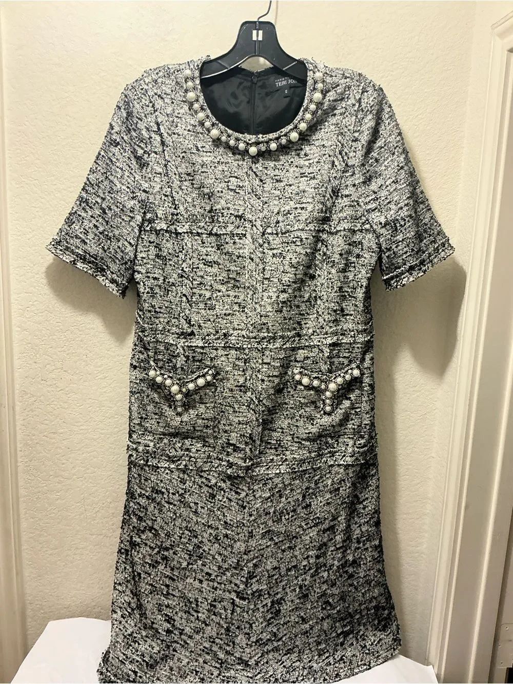Teri Jon Gray Tweed Mini Dress with Pearl Trim